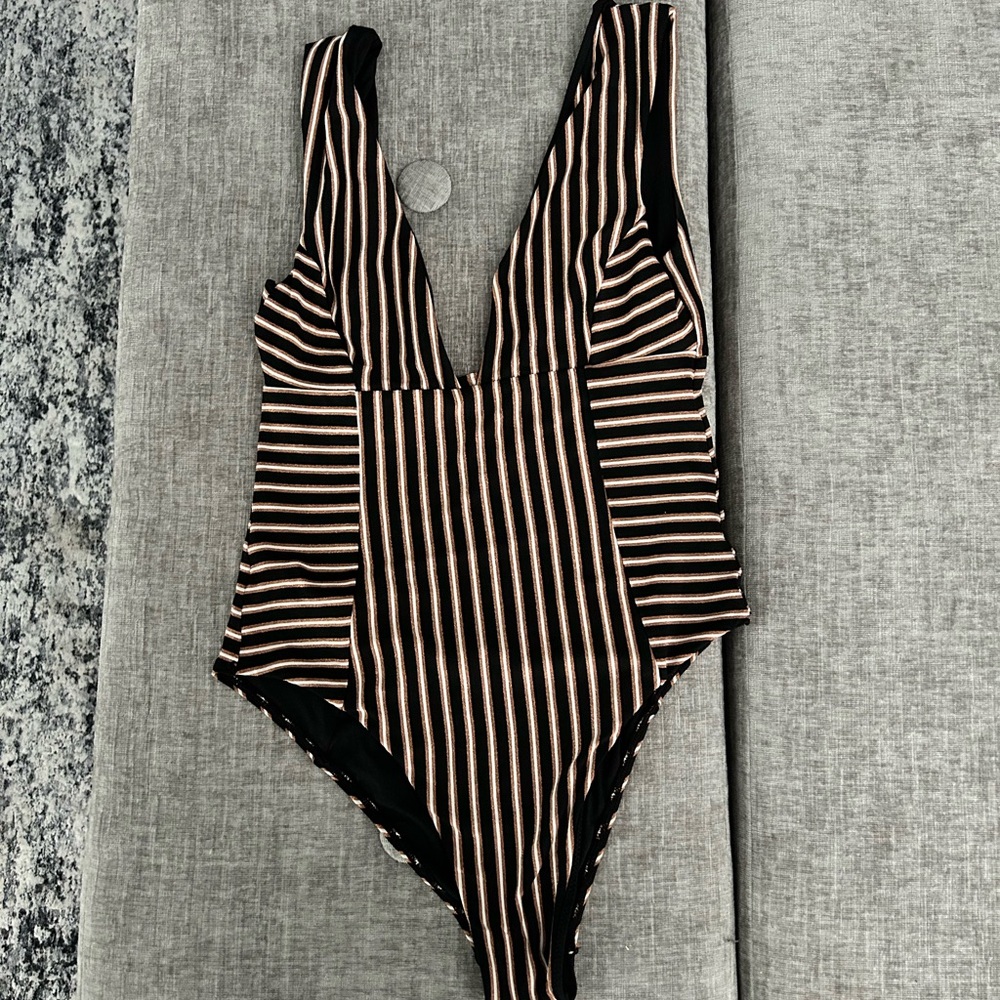 L*Space Black and Tan Striped One Piece Swimsuit